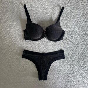 NWOT Victoria’s Secret Shimmer Black/Silver Lurex Bra & Thong Set